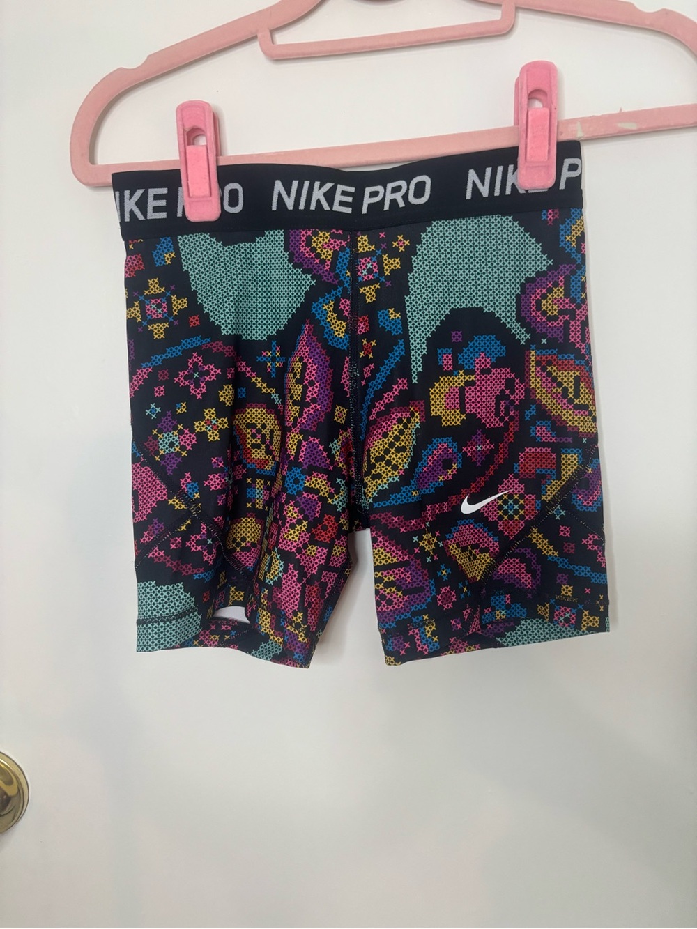 Nike Kids Black Compression Shorts with Pink Teal Yellow Blue Accents